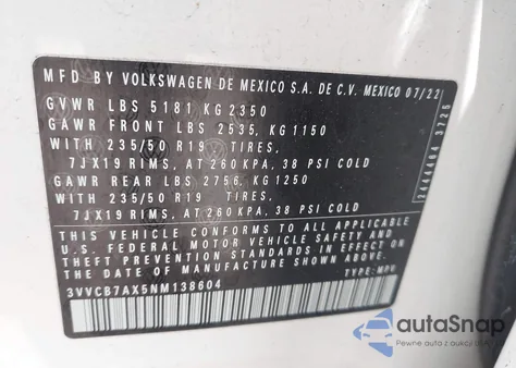 2022 Volkswagen Tiguan 2.0T Se R-Line Black from USA, damaged, VIN 3VVCB7AX5NM138604